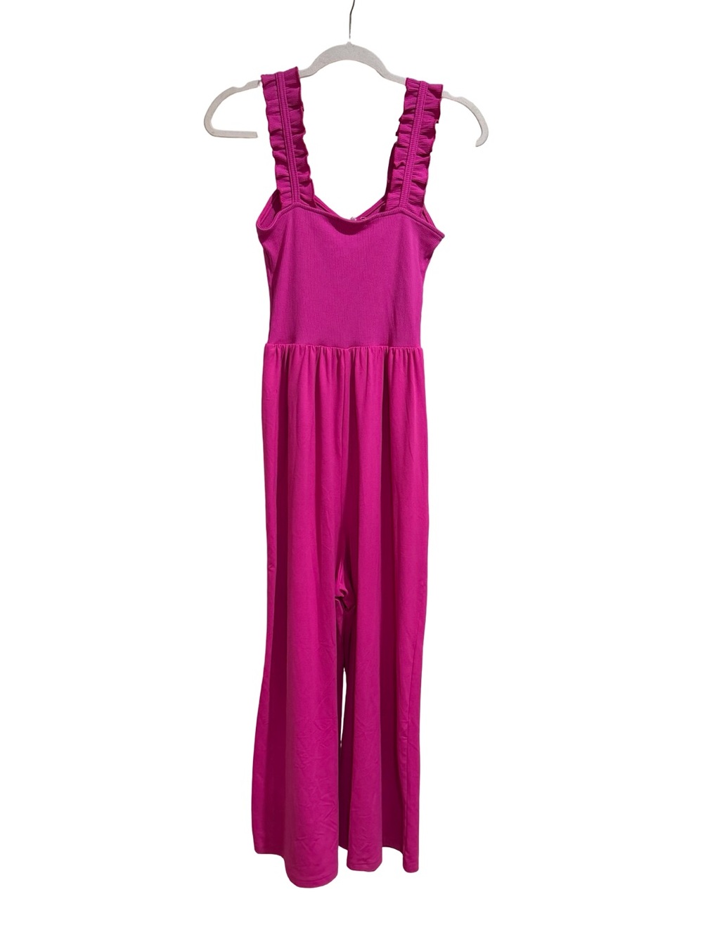 💖 Entro Hot Pink Cropped Wide Leg Jumpsuit Ruffled Strap Size Small - Picture 12 of 14